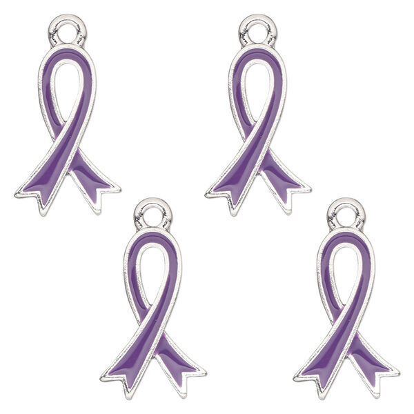 Charm, antique silver-finished enamel "pewter" (zinc-based alloy), purple, 18x12mm single-sided awareness ribbon. Sold per pkg of 4. image number 0