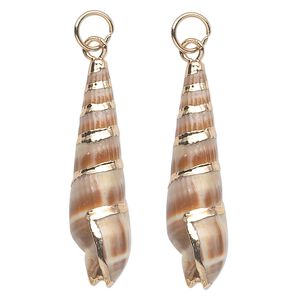 Drop, auger shell (natural) and gold-finished steel, 27x7mm. Sold per pkg of 2.