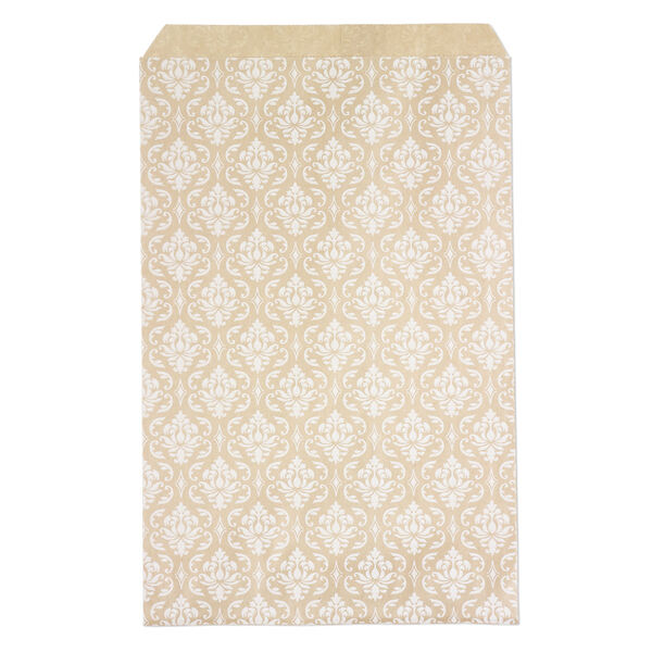 Bag, paper, brown and white, 9x6 inch rectangle with damask-print and scalloped top edge. Sold per pkg of 100. image number 0