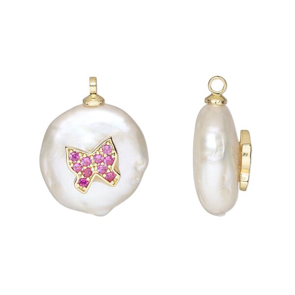 Drop, cubic zirconia / cultured freshwater pearl (bleached) / gold-finished brass, white and pink, 13-14mm single-sided round with butterfly design. Sold individually. image number 0