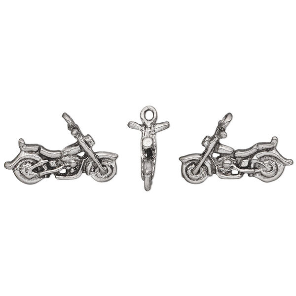 Charm, antiqued pewter (tin-based alloy), 22x10mm 3D motorcycle. Sold individually. image number 0