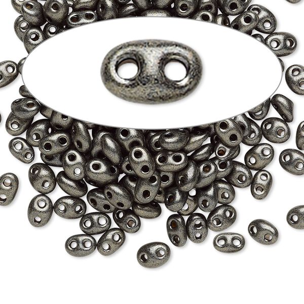 Seed bead, Preciosa Twin™ Czech glass, pkg/50g, 5x2.5mm oval, opaque dark khaki green terra pearl black, (28992). image number 0