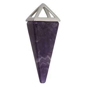 Amethyst / "pewter" (zinc-based alloy) 1pkg1, imitation rhodium-finished 4-sided point focal natural 36x15mm-42x15mm