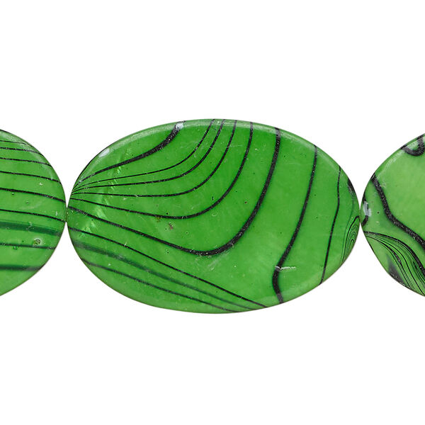 Mother-of-pearl shell 1pkg1, flat oval bead 15 inch green and black 30x20mm image number 0