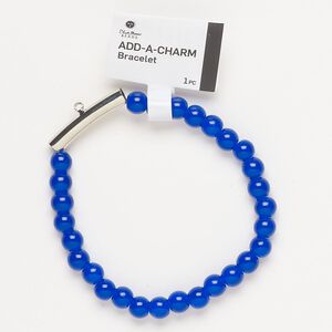 Bracelet, stretch, silver-finished brass and glass, cobalt blue, 6mm round and 25x5m round tube with bottom loop, 6-1/2 inches. Sold individually.
