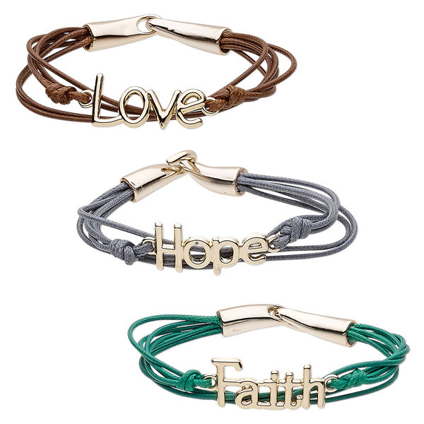 Bracelet, waxed cotton cord and rose gold-coated acrylic, brown / grey / green, 15mm wide with 32x15mm "Hope" / "Love" / "Faith," 8 inches with hook-and-eye clasp. Sold per pkg of 3. image number 0