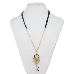 Necklace, glass rhinestone / faux suede / gold-finished steel / "pewter" (zinc-based alloy), black and clear, 2-3/4 x 3/4 inch key and 40x30mm heart, 32 inches with 2-inch extender chain and lobster claw clasp. Sold individually.