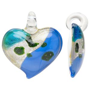 Focal, lampworked glass, multicolored, 37x33mm-40x37mm domed heart with silver-colored foil. Sold individually.