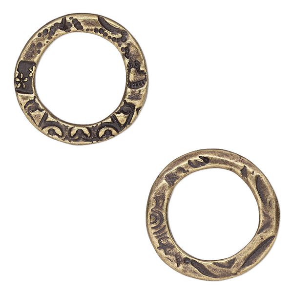 Component, TierraCast®, "Vida Mas Dulce" collection, antique brass-plated pewter (tin-based alloy), 20mm open round with flora design, 13.5mm inside diameter. Sold per pkg of 20. image number 0
