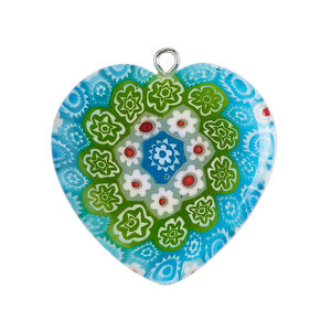 Focal 1pkg1, silver-finished steel / millefiori glass, transparent / translucent sky blue / multicolored, 29-31mm puffed heart.