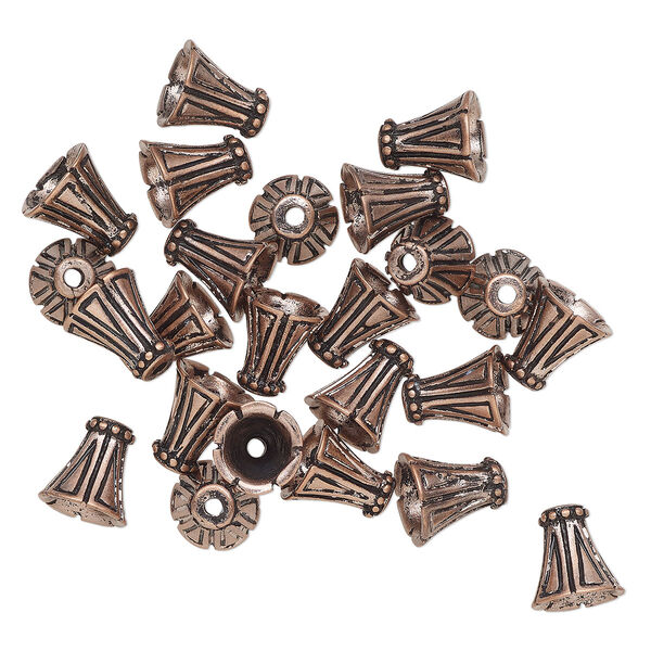 Cone, antique copper-finished "pewter" (zinc-based alloy), 12x11mm cone with triangle design, 7.5mm inside diameter. Sold per pkg of 24. image number 0