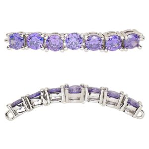 Focal, cubic zirconia and silver-plated brass, amethyst, 40x5mm curved rectangle. Sold individually.