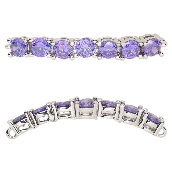 Focal, cubic zirconia and silver-plated brass, amethyst, 40x5mm curved rectangle. Sold individually. image number 0