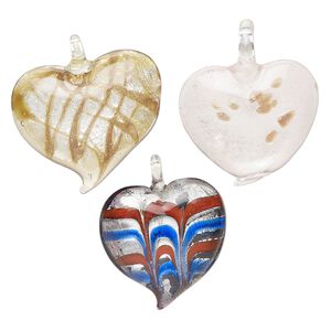 Random focal mix, lampworked glass, translucent mixed colors, 34x30-45x37mm domed heart with copper-colored glitter and silver-colored foil. Sold per pkg of 3.
