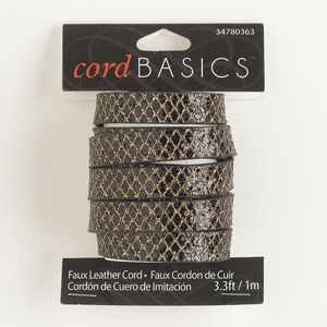 Cord, faux leather, black and gold, 10x2mm textured flat with snakeskin pattern. Sold per 1-meter section.
