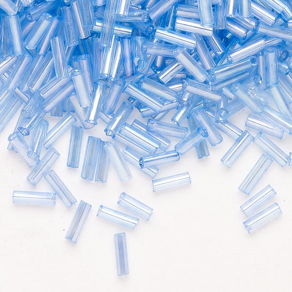 Bead, Ming Tree™, bugle bead, glass, pkg/1/4 pound, 1/4 inch, rainbow transparent blue. image number 0