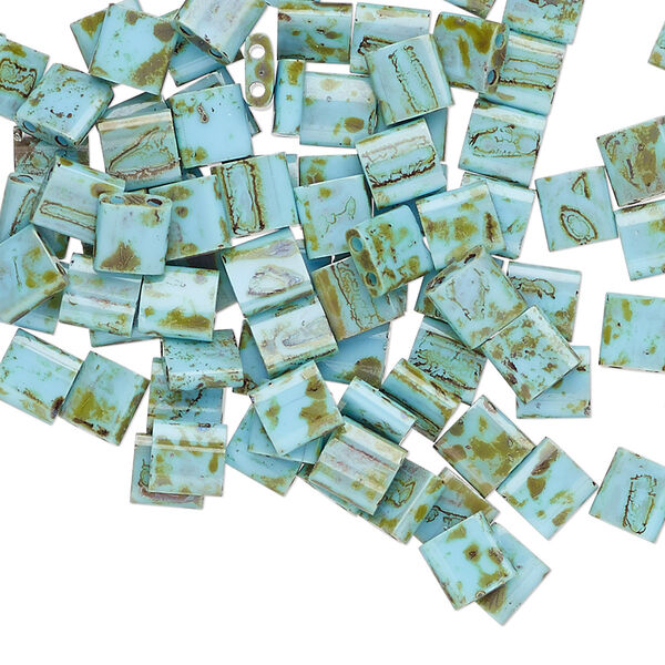 Seed bead, TILA®, glass, pkg/250g, 5mm full tila square, opaque Picasso antique turquoise blue, (TL-4514). image number 0