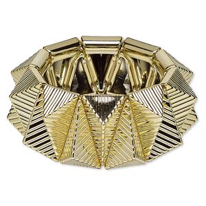 Bracelet, stretch, acrylic, gold, 30mm wide with triangle design, 6-1/2 inches. Sold individually.