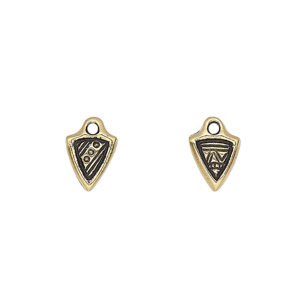 Charm, TierraCast®, antique gold-plated pewter (tin-based alloy), 9x8mm two-sided woven dart with rhythm theme. Sold per pkg of 4. image number 0