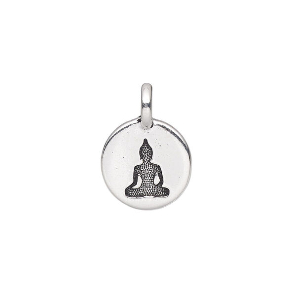 Drop, TierraCast®, antique silver-plated pewter (tin-based alloy), 11.5mm single-sided round with Buddha. Sold per pkg of 2. image number 0