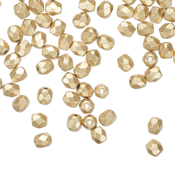 Bead, Czech fire-polished glass, opaque satin metallic gold, 4mm faceted round. Sold per 15-1/2" to 16" strand, approximately 100 beads. image number 0