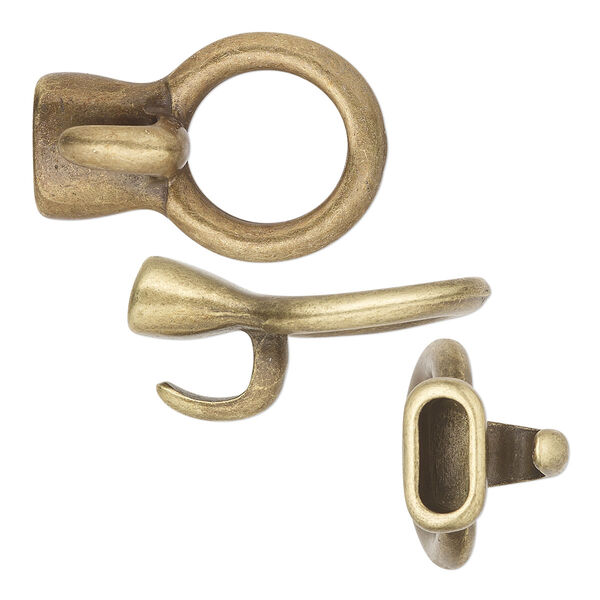 Clasp, hook, antique brass-finished "pewter" (zinc-based alloy), 33x22 with 10x4.5mm glue-in cord end. Sold per pkg of 2. image number 0