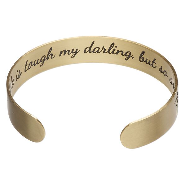 Bracelet cuff 1pkg1 antique gold-finished brass, black, 12mm wide with peacock on outside / "Life is tough my darling, but so are you" on inside. image number 1