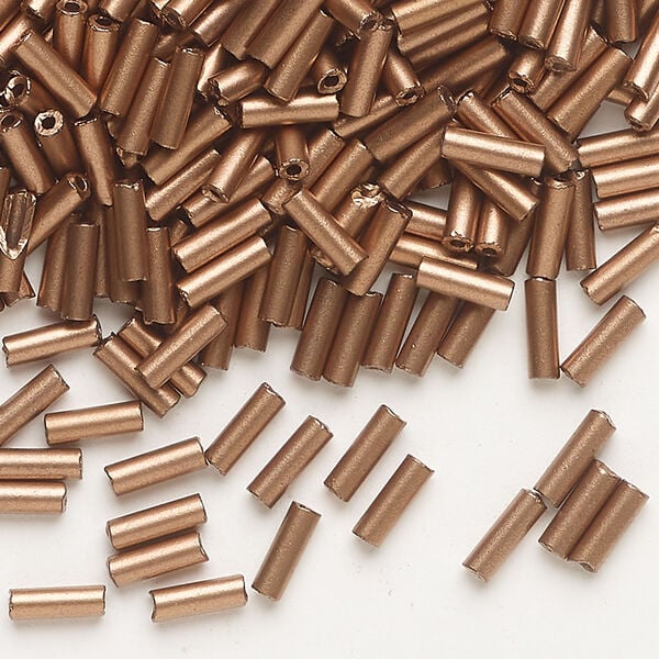 Bead, Preciosa Ornela Czech glass, bugle bead, pkg/50g, 1/4 inch (6x2mm) #3, antique metallic copper alabaster. image number 0