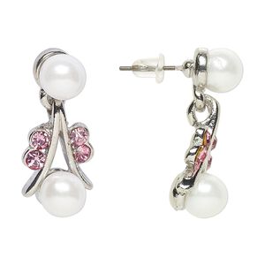 Earring, Everyday Jewelry, antique silver-finished "pewter" (zinc-based alloy) / glass / acrylic pearl, pink and white, 27mm with post. Sold per pair.