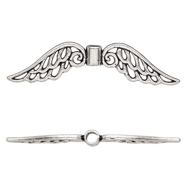 Bead, antique silver-plated "pewter" (zinc-based alloy), 53x13mm double-sided angel wing with cutout. Sold per pkg of 4. image number 0