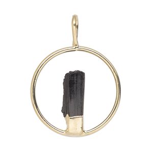 Pendant, Everyday Jewelry, gold-plated brass and black tourmaline (natural), 34x25mm-36x27mm open round. Sold individually.