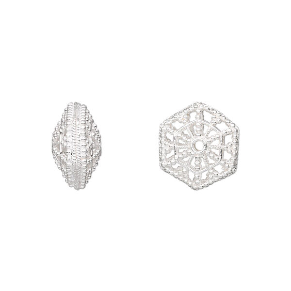 Bead, sterling silver, 13x12mm fancy hexagon. Sold individually. image number 0