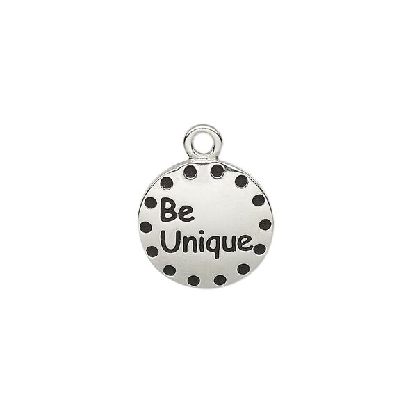 Drop, enamel and imitation rhodium-plated "pewter" (zinc-based alloy), black, 14.5mm single-sided round with "Be Unique." Sold individually. image number 0