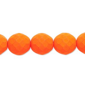 Bead, Preciosa, Czech painted fire-polished glass, matte neon orange, 12mm faceted round. Sold per 8-inch strand, approximately 15 beads.