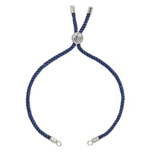 Bracelet component, nylon and imitation rhodium-finished "pewter" (zinc-based alloy), cobalt, 3mm wide, 8-3/4 inches with 9mm flat round adjustable slider bead with tree of life design and 2 open loops. Sold individually.