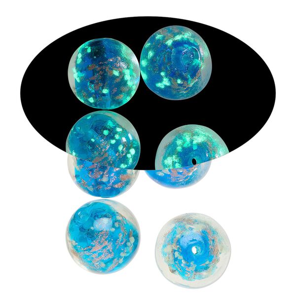 Bead, lampworked glass, clear / blue / glow-in-the-dark / gold, 14mm round. Sold per pkg of 4. image number 0