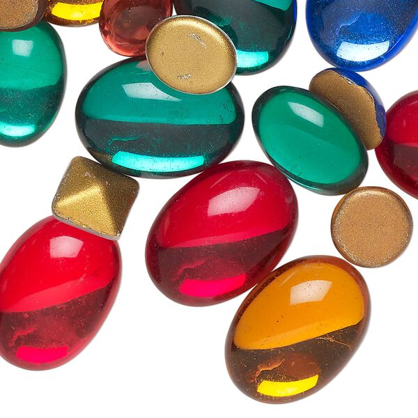 Cabochon, Czech glass, mixed colors, 8x6mm-18x13mm mixed shapes, vintage and not calibrated. Sold per 4-ounce pkg, approximately 100 cabs. image number 0