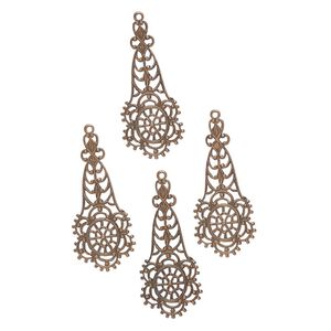 Focal, steel, pkg/4, 45x19mm fancy teardrop with cutout design, antique bronze finish.