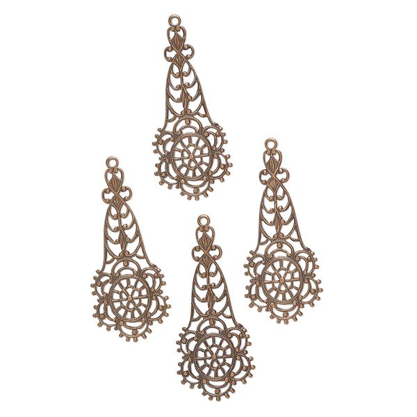 Focal, steel, pkg/4, 45x19mm fancy teardrop with cutout design, antique bronze finish. image number 0