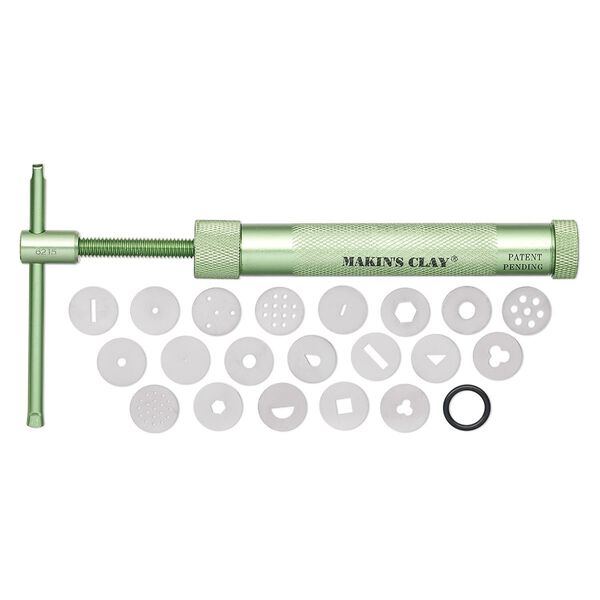 Clay extruder, Makin's Professional® Ultimate Clay Extruder®, aluminum / brass / steel, green, 6-3/4 x 7/8 inches with (20) 20mm design discs. Sold per 22-piece set. image number 0