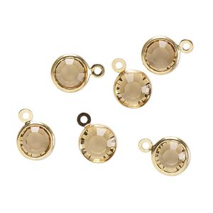 Drop, glass rhinestone and gold-finished brass, topaz yellow, 8-9mm faceted round. Sold per pkg of 6.