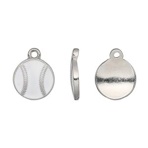 Charm, enamel and pewter (tin-based alloy), white, 12.5mm baseball. Sold per pkg of 2.