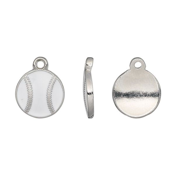 Charm, enamel and pewter (tin-based alloy), white, 12.5mm baseball. Sold per pkg of 2. image number 0