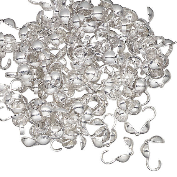 Bead tip, silver-finished brass, 8x4mm bottom clamp-on with open loop. Sold per pkg of 100. image number 0