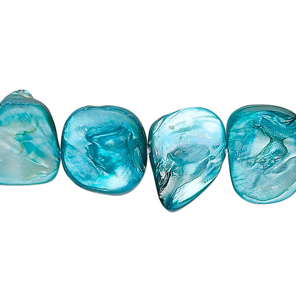 Bead, mother-of-pearl shell (dyed), turquoise blue, small to medium nugget, Mohs hardness 3-1/2. Sold per 15-1/2" to 16" strand. image number 0