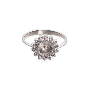 Ring, cubic zirconia and rhodium-plated sterling silver, clear, 3mm band with 13mm flower and 3mm peg, fits 8mm half-drilled bead, size 9. Sold individually.