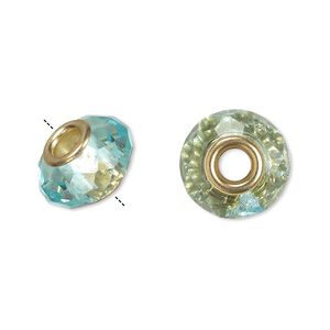 Bead 10pk 32 facets turquoise blue gold finish, Celestial Crystal® Dione® 14x9mm rondelle