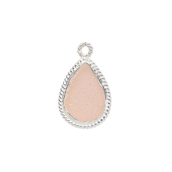 Drop, druzy agate (dyed) and sterling silver, pink, 18x14mm-20x15mm hand-cut single-sided teardrop with twisted wire design. Sold individually. image number 0
