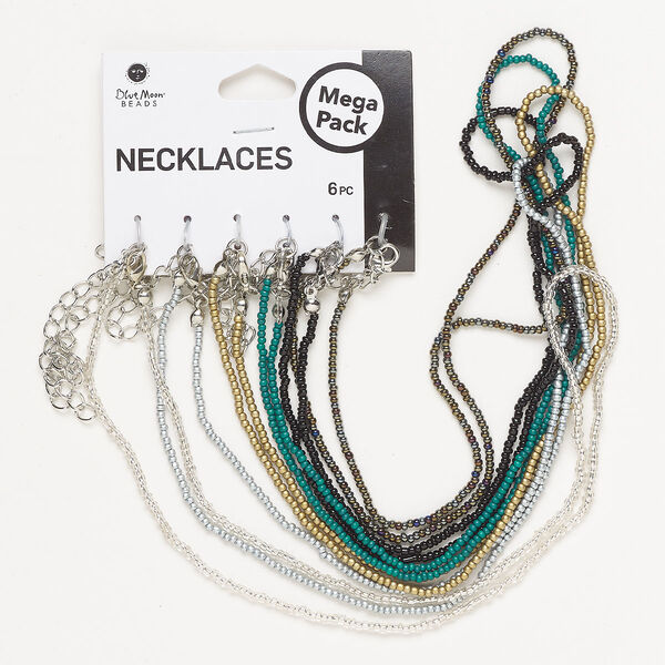 Necklace assortment, silver-finished "pewter" (zinc-based alloy) / steel / glass, 2mm round, 16 inches with lobster claw clasp and 3-1/2 inch extender. Sold per pkg of 6. image number 0