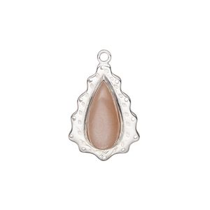 Drop, sterling silver and peach moonstone (natural), pkg/1, 21x15mm single-sided teardrop, 12 loops.